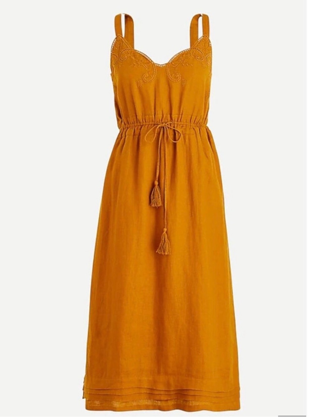 NWOT J. Crew, Linen Tie Waist Midi Dress, 12, Golden Mustard